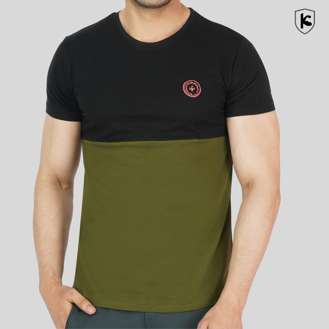 A male model wearing a dual-tone, slim fit, 100% cotton t-shirt with double-color panels.