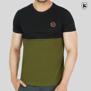 A male model wearing a dual-tone, slim fit, 100% cotton t-shirt with double-color panels.